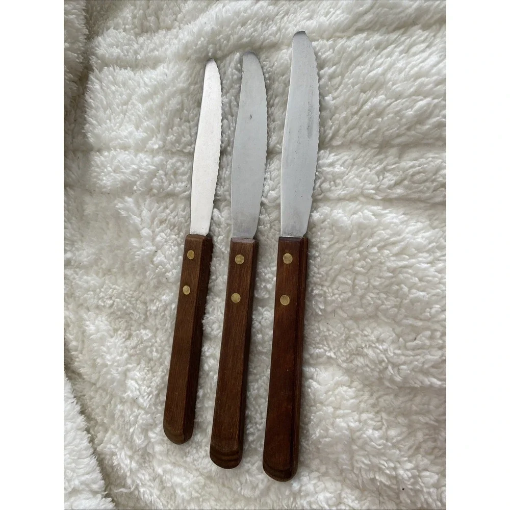 Vintage EKCO Forge Stainless U.S.A. Serrated Steak Knives‎ (3)  Wood Handle